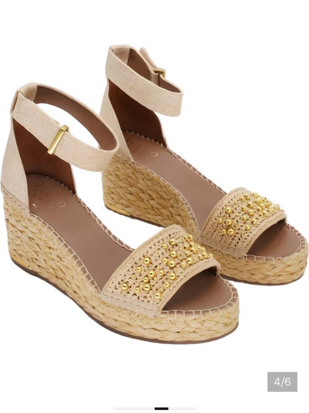 Franco Sarto Neutral Beige Espadrille Wedge Sandals with Gold Stud Accents